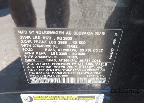 2015 Volkswagen Touareg V6 Executive z USA, uszkodzony, nr VIN WVGEF9BPXFD007800